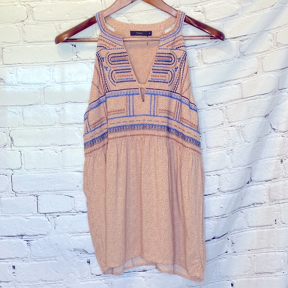 THML Tan Blue Embroidered Sleeveless Top Size Medium Excellent Condition
